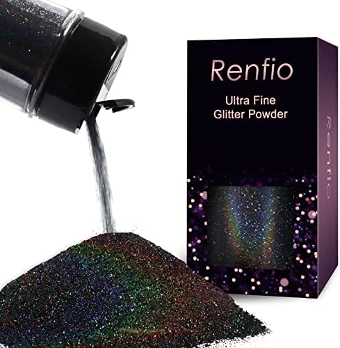 Renfio Holographic Ultra Fine Black Glitter Powder Metallic Resin Glitter | 2.11 Oz (60g) PET Crafts Sequins 1/128" 0.008" 0.2mm Epoxy Chips Flakes for Tumblers Slime Olympic Decorations - Laser Black