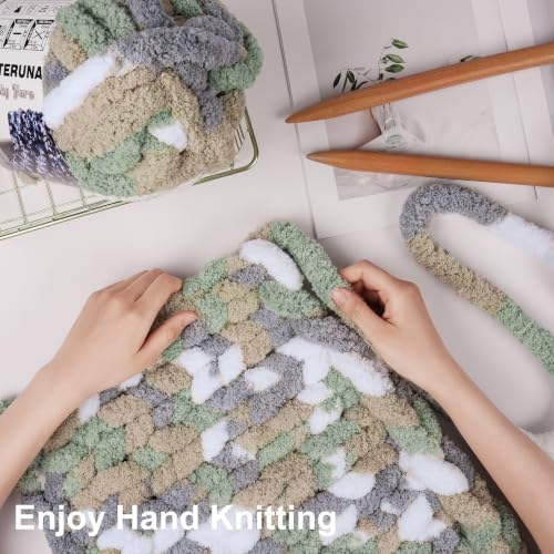 Chunky Yarn for Hand Knitting, #10 Chunky Blanket Chenille Yarn, Bulky Thick Jumbo Yarn, Super Chunky Knit Yarn for Crocheting, 8 Skein (8oz,20yds Each Skein), Tie Dye Cream&Sage&Grey&Khaki