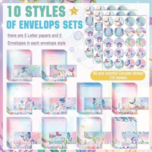 TaoBary 160 Pcs Mermaid Stationery Paper and Envelopes Set, 8.5 x 11''