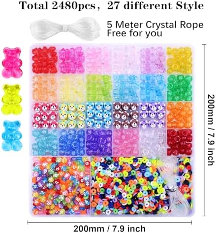 BBita 2480pcs Acrylic Bear Polymer Clay Beads Charms for Bracelets Making Kit Cute Fun Charms Beads Friendship Bracelet Making DIY Arts Crafts Birthday Gifts Toys for Kids Girls