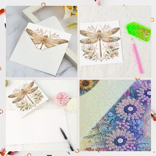 Tontut 6pcs 5D DIY Diamond Painting Kit Greeting Card,Diamond Handmade Greeting Card with Envelope, Holiday Gift Congratulations Colourful Dragonfly