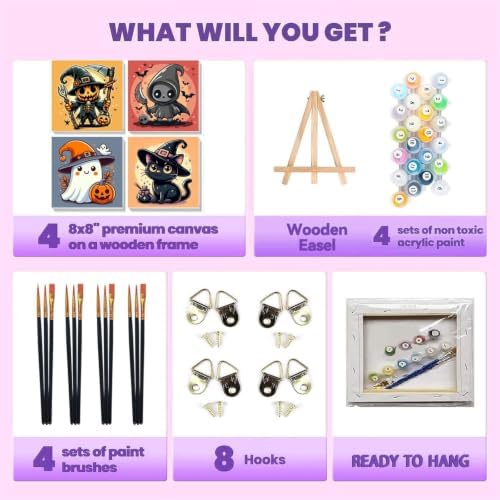 SUJINMEI 4 Pack Halloween Paint by Numbers Kit for Kids with Frame 8x8 inch