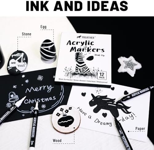 Pagather Black and White Acrylic Paint Markers, 12 Dual Tip with Fine Tip and Brush Tip Pens for Fabric, Stone, Wood, Canvas, Ceramic, Metal, Glass, Rock Painting, DIY Crafts