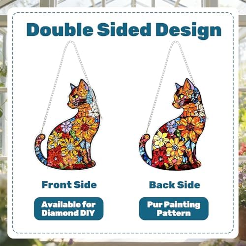 CRZMODE Cat Diamond Art Hanging Kit for Adults, Flower Cat Pendant Diamonds Painting Art Kit, Special Crystal Diamond Art Painting Pendant Ornament, Craft Gift for Women Home Window Decor