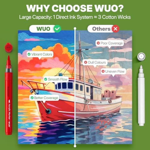 WUO 48 Colors Acrylic Paint Markers Brush Tip with Automatic Ink Control