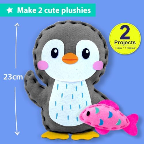 KRAFUN Beginner Sewing Kit, Sew Penguin & Fish, Pre-Cut Felt, Kids Ages 5+