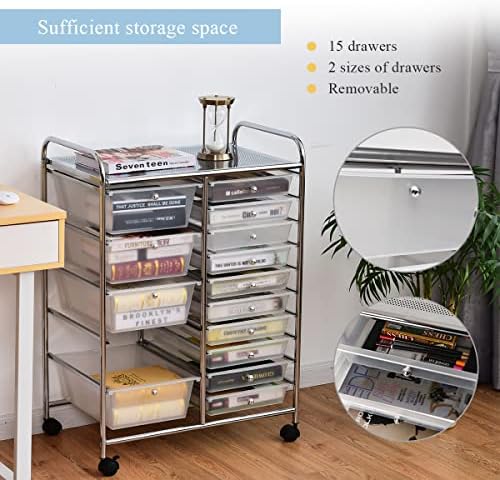 LDAILY 15 Drawer Rolling Storage Cart, Rolling Cart with Drawers for Classroom, Art Supply Craft Organizer on Wheel with Metal Frame & Handles for Home Office School