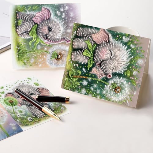 AiYuanzsh 6 Pack Diamond Art Greeting Card Kits with Envelopes, Special Shaped Diamond Painting Cards, DIY Rhinestone Diamond Art Cards for Birthday Christmas Holiday (Elephant and Dandelion)