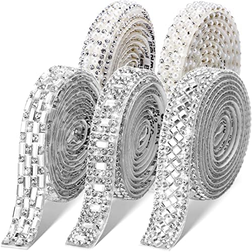 Xinnun 5 Rolls Rhinestone Ribbon,Silver,0.59 Inch,Delicate Style
