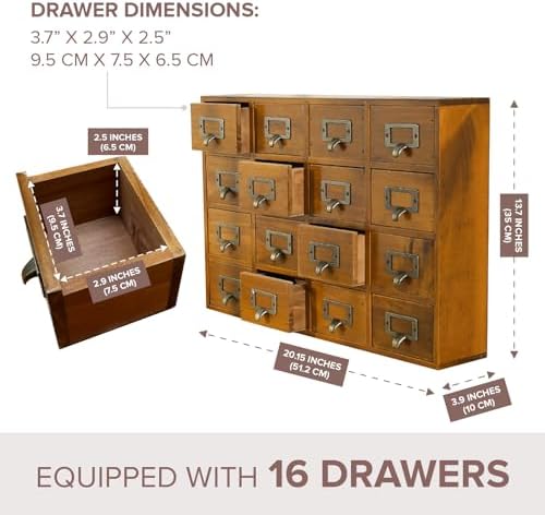 Card Catalog Desk Drawer Organizer - Wooden Storage Box with 16 Drawers - Home Office Desk Organizer Curio Cabinet - Rustic Drawers Dressers for Countertop- Apothecary Cabinet Tea Coffee Pod Storage