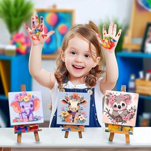 4 Pack Paint by Numbers Kit for Kids Paints by Number Kits Age 4-8 Painting Kits for Kids Ages 8-12 Girls Framed Canvas Paint by Number Animals Drawing Kit Color by Number for Beginners 8x8 Inch