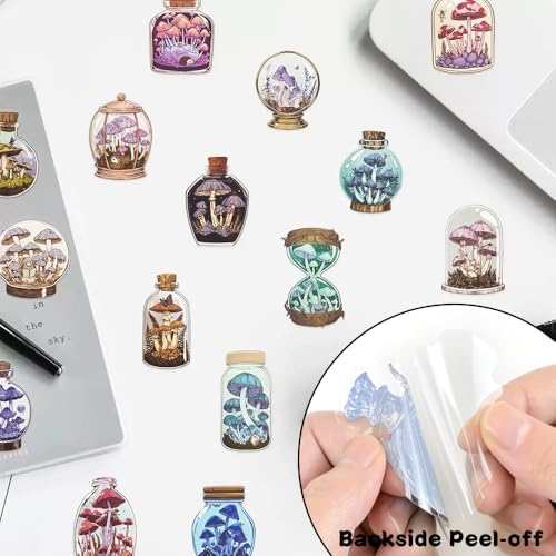 50pcs PET Vinyl Stickers Scrapbook, Self-Adhesive Waterproof Vinyl Sticker for Laptops, Aesthetic Decor Journal Stickers Planner Accessories for Luggage, Water Bottles.Mushroom Bottle