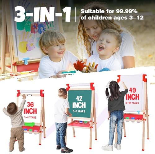 JOYOOSS Kids Wooden Easel with Paper Roll - Adjustable Magnetic Double Sided Drawing Board Whiteboard & Chalkboard Dry Easel Board,Children Art Easel for 3~12 Years Kids Boys Girls Painting Drawing