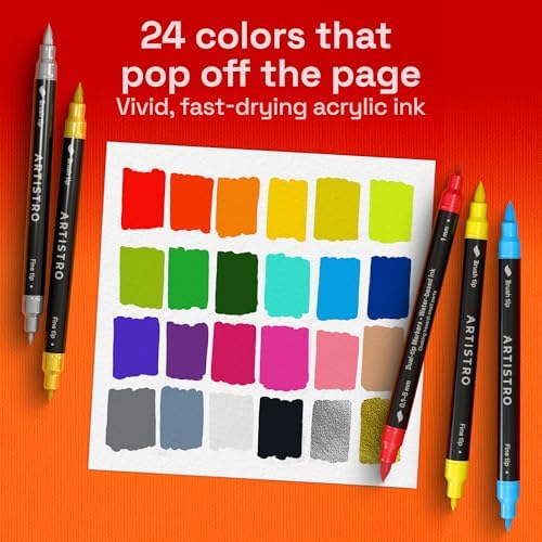 ARTISTRO 24 Mixed Colors Dual-Tip Acrylic Paint Marker Pens for Drawing