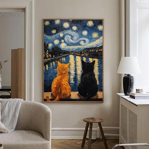 RYMILIE Cat Diamond Art Kits for Adults Diamond Painting Kit 12x16in | 5D Starry Night Diamond Art Painting Kit for Beginners, DIY Full Square Cat Gem Art Crafts for Home Wall Decor Gift