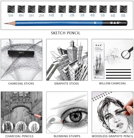 H & B 36 Pack Drawing Set Sketch Kit,Sketching Supplies with 2 sketch pad, Graphite Pencils, Charcoal Sticks, Eraser, Pro Art Drawing Kit for Artists Beginner Adults, Ideal for Shading, Blending