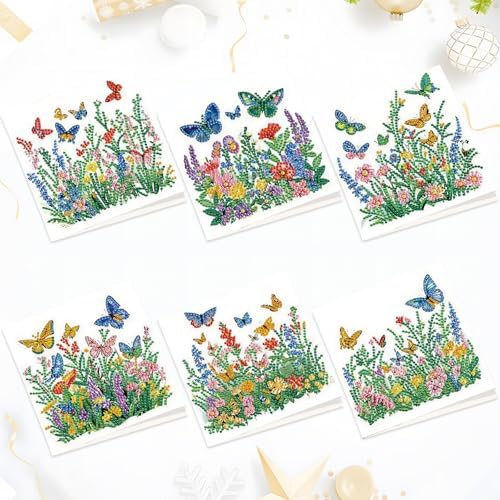 Tontut 6pcs Diamond Art Painting Kit Greeting Card, Green Flower Butterfly 5D DIY Diamond Handmade Holiday Greeting Card with Envelope, Holiday Gift Congratulations