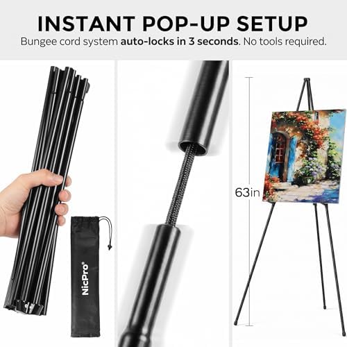 Nicpro 6 Pack 63 Inches Easel Stand for Sign, Black, with Carry Bags | Lightweight Metal Display Easel & Poster Stand, Adjustable Portable Easels for Display, Signs, Arts, Posters, Wedding Sign