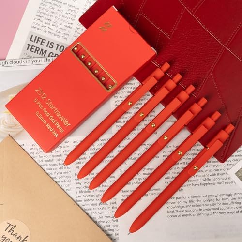 YOXMJDB 6 Pcs Red Ink Pens for Journaling 0.5mm Fine Point Red Gel Ink Pens, Smooth Writing Quick Dry Pen for Note Taking, Gift Set for Women & Men (6 Pcs Red Gold)