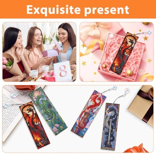 Mandun 4 Pcs Dragon Diamond Painting Bookmark Kits, Special Shaped Diamond Art Bookmarks with Pendant, DIY Dragon Diamond Art Bookmarks with Tassels Crafts Gifts Supplies