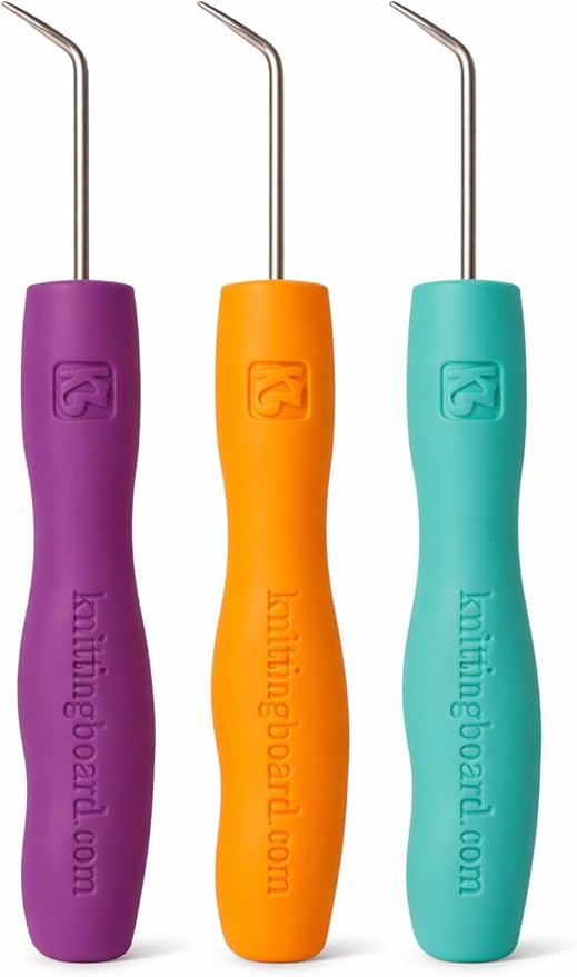 Authentic Knitting Board Ergonomic Loom Knitting Hook/Tool, Loom Hook Tool with Rubber Comfort Grip, Easy on Wrists & Arthritic Hands, Fits All Knitting Looms (3 Pack) Orange, Purple, Green Hooks