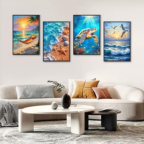 GEEHEIY 4 Pack Framed Paint by Numbers Kit for Adults, Beach, 8 x 12 Inch | DIY Acrylic Painting by Numbers for Beginners, with Wooden Easel, Coastal Wall Decor, Stress Relief Craft Gift