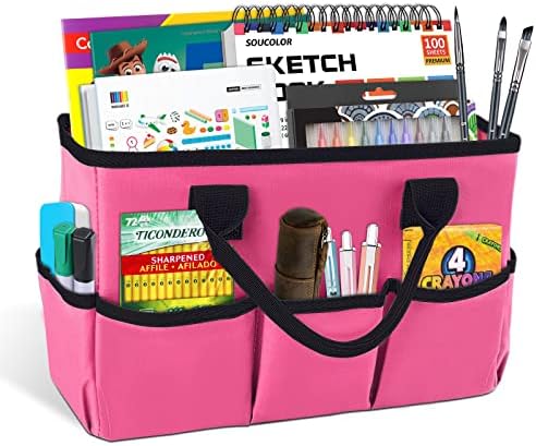 Desktop Tote and Organizer, Teacher Helper Caddy Bag for Arts, Books, Stationery, Office Desk Organization, Make-up Storage with Handles for Travel, Pink