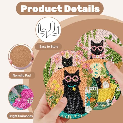 CRZMODE 8 Pcs Black Cat Diamond Art Coasters Kits, Diamond Painting Coasters with Holder Set of 8, DIY Cat Art Crafts Supplies for Adults Cup Mat House Warming Gifts Non-Slip