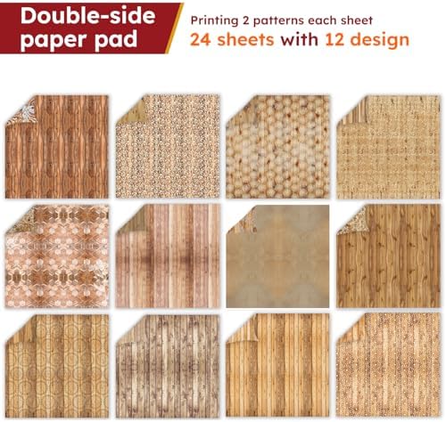 6-inch Wooden Patterned Scrapbook Paper Pad, 24 Sheets Double Sided Retro Aesthetic Origami Paper for Journaling, Collage, DIY Card, Folded Photo Album, Handmade Crafts & Decor Projects