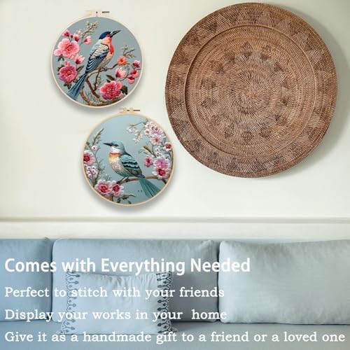 FONNUY Embroidery Kit for Beginners, Hummingbird Flowers Pre-Stamped Pattern Kits for Adults with Hoop, Easy to Follow Color Thread Needlework, 8''Hoop (Blue)