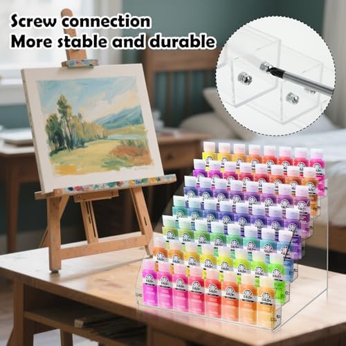 7 Tiers Clear Acrylic Paint Organizer with Brush Holder,paint Organizers Set Miniature Paints Holders, 7 Layers Paints Storage Rack, Craft Paint Rack