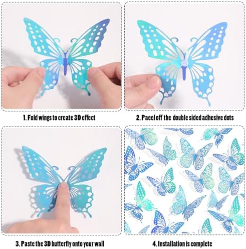 SAOROPEB 3D Butterfly Wall Decor 48 Pcs Laser Blue Butterfly Decorations | 4 Styles 3 Sizes, Butterfly Birthday Decorations Butterfly Party Decorations Cake Decorations, Removable Stickers