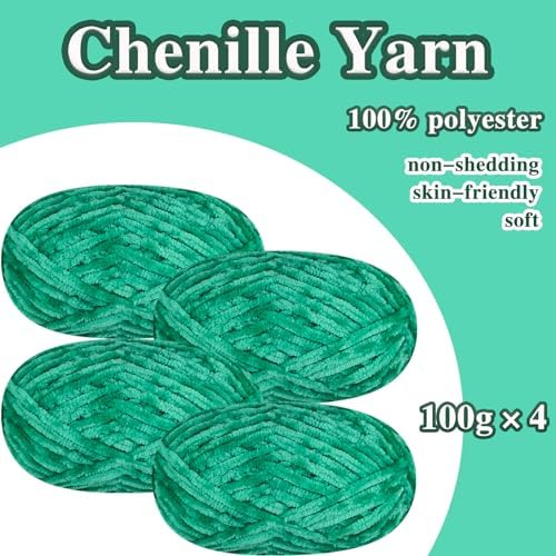 4 PCS 400g Soft Chenille Velvet Yarn for Crocheting,Fluffy Warm Yarn for Knitting and Crochet DIY Craft Blanket Bag Hat Scarve Clothe Gloves Slippers Doll (Green)