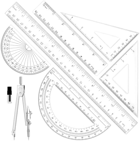 7Pcs Geometry Set-Clear Plastic Rulers,Triangle Ruler,Protractor,Compass | 12Inch & 6Inch Ruler Set for School Office Math Drawing Drafting Engineering Architecture Art