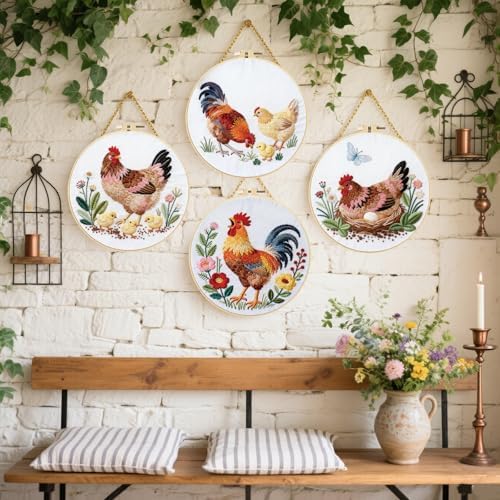 FREEBLOSS 4 Sets Embroidery Kit for Beginners Needlepoint Embroidery Starter Kit with Chicken Theme Stamped Patterns, Instructions, Colored Threads, 2 Hoops 11.6"/29.5cm