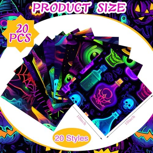 HunnmingRe 20 Pcs 10''x10'' Neon Spooky Halloween Quilting Fabric Squares