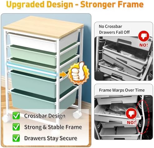 SUNALLY Rolling Carts With 5 Drawers, Storage Drawer Carts for Craft, Green | Rolling Utility Cart with Wooden Tabletop & 2 Lockable Wheels, Teacher Storage Cart for Classroom School, Makeup, Nail, Art