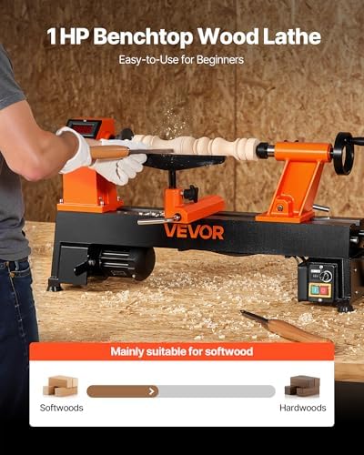 VEVOR Wood Lathe, 6Amp 1 HP Benchtop Wood Lathe Machine with 150 to 3800 RPM Variable Speed 12 x 18" Workbench Brushless DC Motor Cast Iron Construction for Beginners DIY Enthusiasts Woodworking