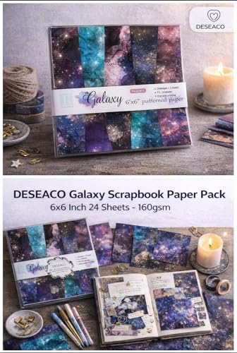 Galaxy Scrapbook Paper 6x6, 12 Cosmic Designs, Acid-Free 160gsm Single-Sided Decorative Craft Paper for Scrapbooking, Journaling, Card Making & DIY Crafts-24 Sheets