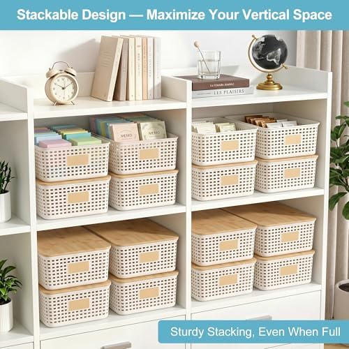 Bagnizer 4 Pack Plastic Storage Bins with Bamboo Lids, 6.2qt Stackable Storage Organizer Box with Lable for Pantry Shelves Drawers Desktop Office, 12"L x 8.3"W x 3.5"H, Cream White