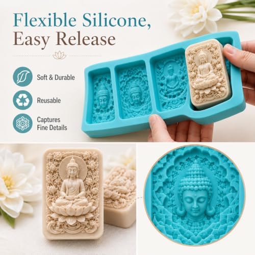 Buddha Lotus Silicone Soap Mold 4 Cavity, Mandala Flower Relief Mold for Handmade Soap, Candle Making & Aromatherapy Crafts, Reusable DIY Mold for Wax, Resin, Plaster, Chocolate and Decorative Gifts