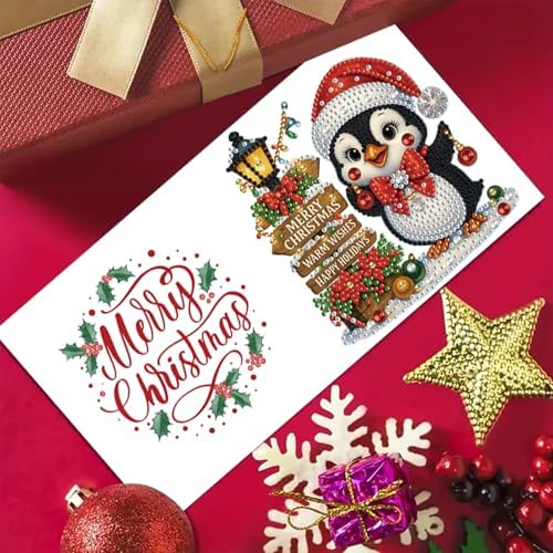 6Pcs Christmas Greeting Card DIY Diamond Art Painting Greeting Cards Blessing Folding Card Kit with White Envelopes Diamond Arts Crafts for Birthday Festival Gift-Penguin