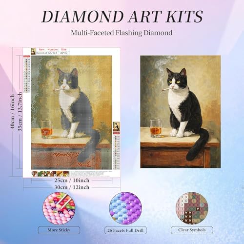 Cat Diamond Art Kits for Adults, Whiskey Round Diamond Painting 12x16 Inch