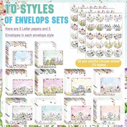 TaoBary 160 Pcs Wildflower Stationery Paper and Envelopes Set, 5.5 x 8.25''
