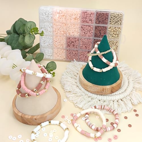 MIIIM Neutral Clay Bead Bracelet Kit, Heishi, Flat Clay and Gold Spacer Beads for Jewelry Making, Friendship Bracelet Kit for Crafts, Concerts, Raves, Gifts (Rose Smoke)
