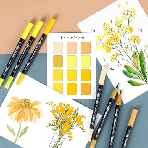 ZSCM QUALITY DECIDES THE FUTURE Yellow Duo Tip Marker Pens, 12 Fine & Brush Tip Pen For Adult Coloring Books