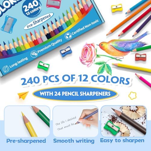 Colored Pencils Bulk, 240 Count Color Pencils for Kids Classroom, 12 Colors
