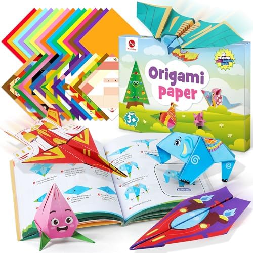 Mocoosy 320 Sheets Origami Kit for Kids Ages 5-8 9-12, Folding Paper Set with Origami Book & Paper Airplane, DIY Art Craft Project for Boys Girls, Travel Game Airplane Car Road Trip Activity Toy Gift