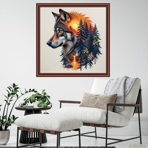 Dimensean Counted Cross Stitch Kit for Beginners, 11CT Unprinted Cross-Stitch Kit Easy Patterns Needlepoint Kit Cross Stitching Embroidery Kit Supplies-Abstract Wolf Landscape 18x18 inch