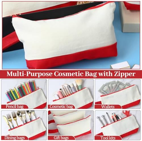 Silkfly 15 Pcs Cotton Canvas Makeup Bags Cosmetic Zipper Bags 10.2 x 5.5 x 2'' Blank DIY Pouch Bulk Pencil Case with Bottom Travel Toiletry Pouch for Women Craft Decor Gift (Beige and Red)